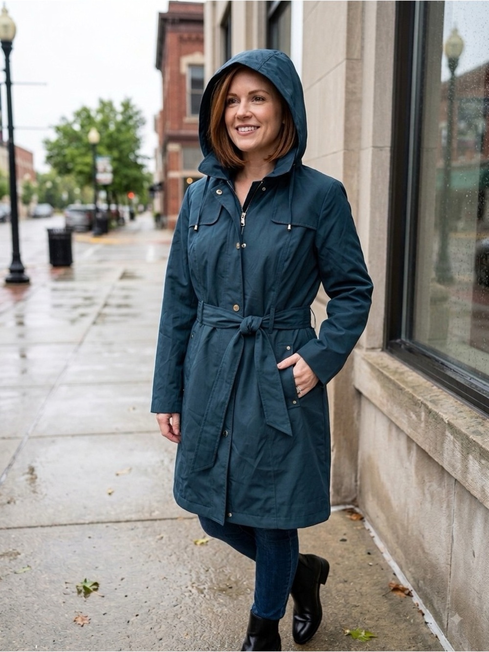 London Fog Dark Teal Water Resistant Hooded Belted Classic Stylish Trench Coat